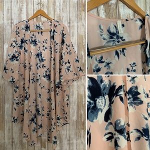 Pink Blush Kimono Peach with Blue & White Floral